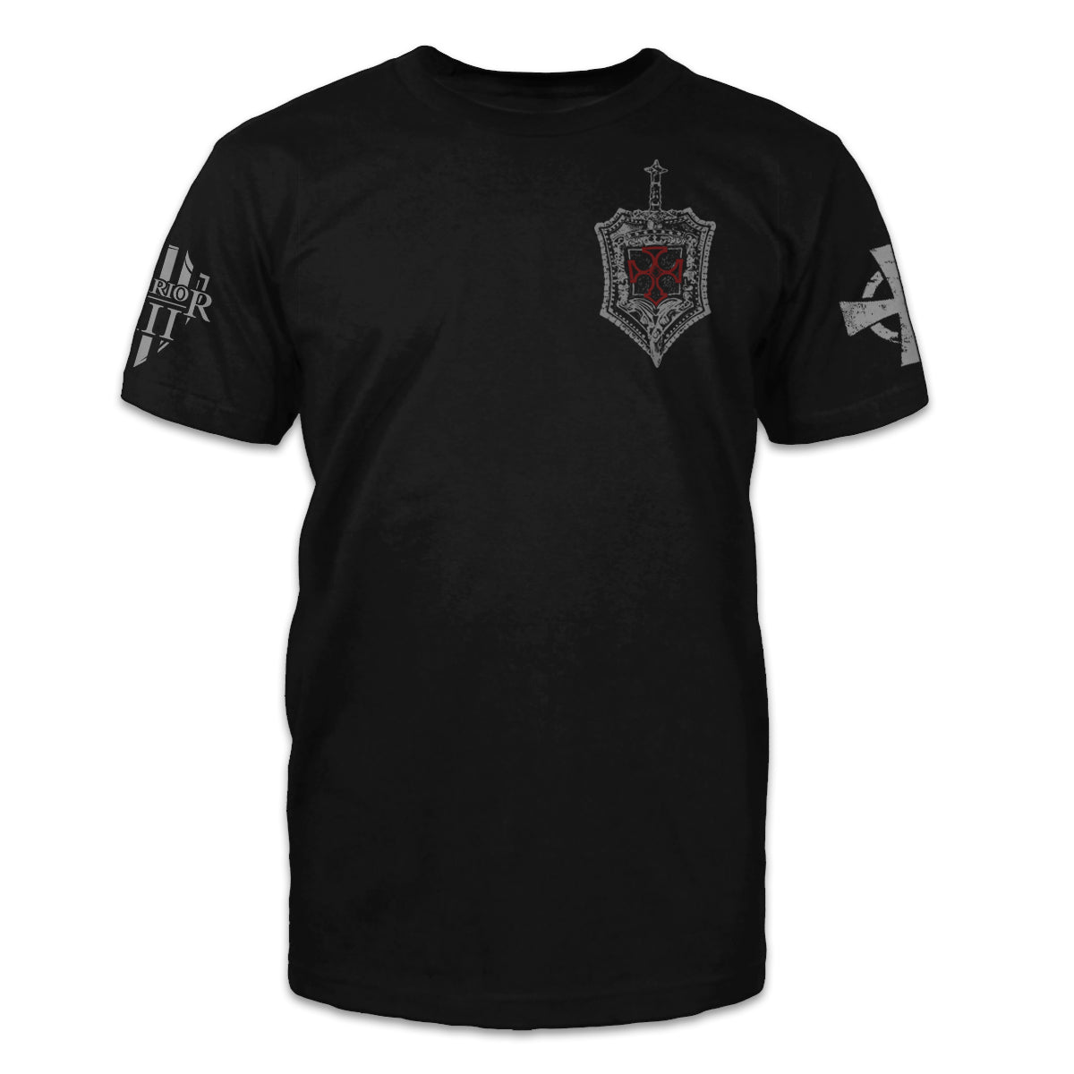 A black t-shirt with the knights templar shield printed on the front.