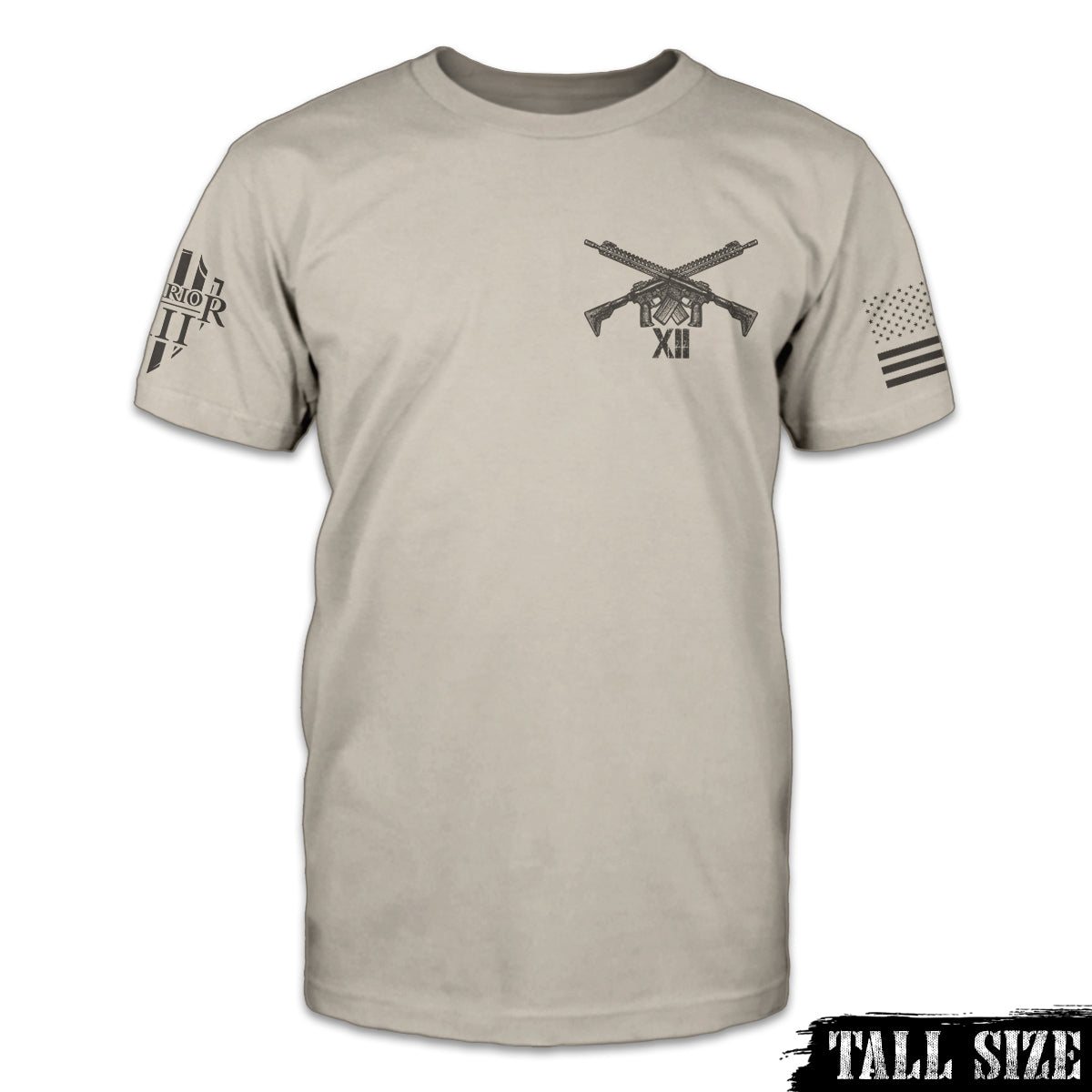A light tan tall size shirt with two guns crossed over printed on the front.