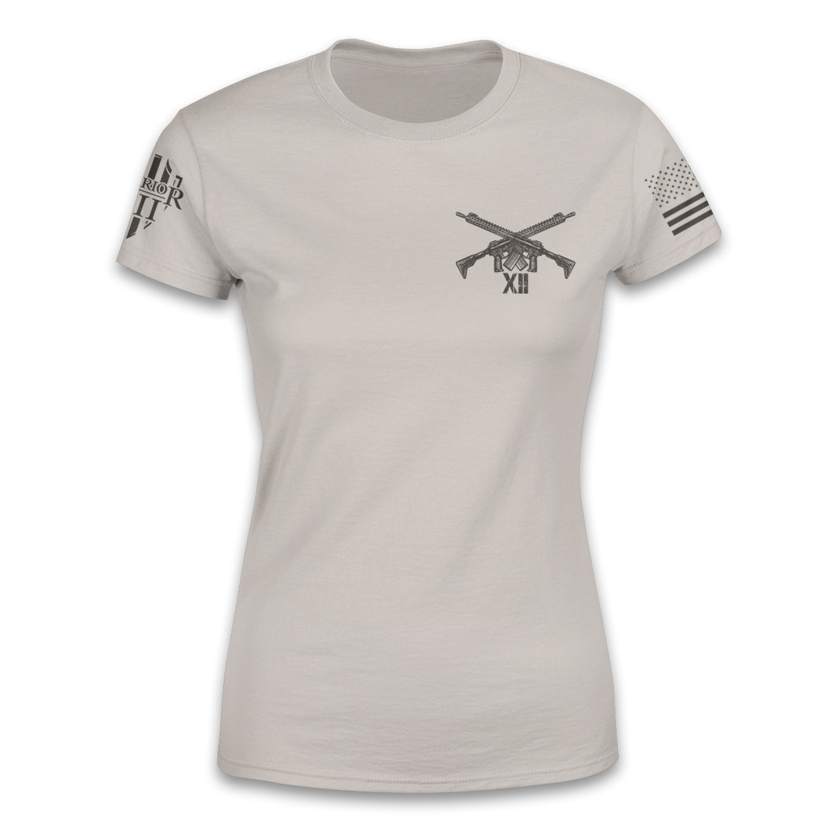 A light tan women relaxed fit shirt with two guns crossed over printed on the front.