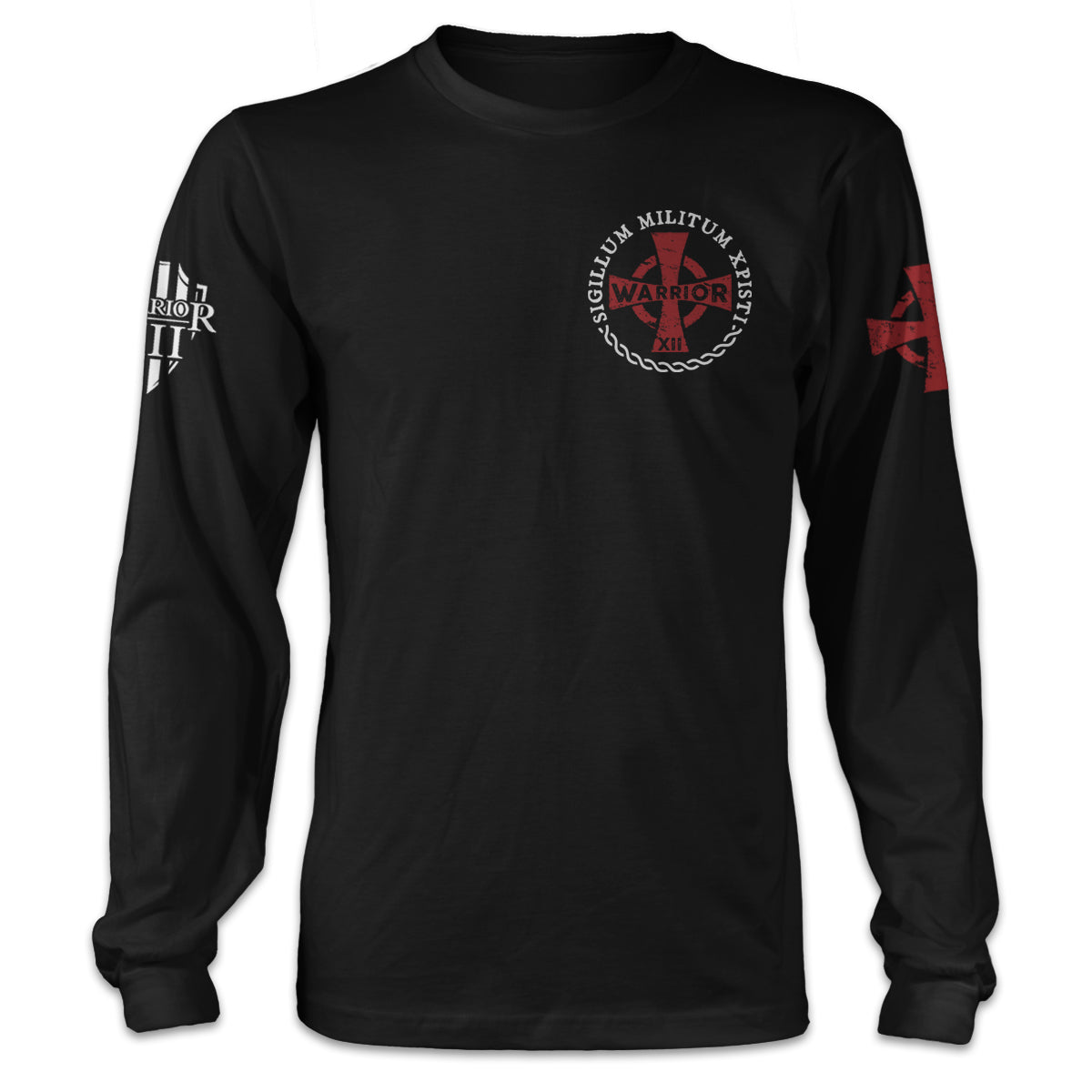A black long sleeve shirt with a red crusader cross printed on the front.