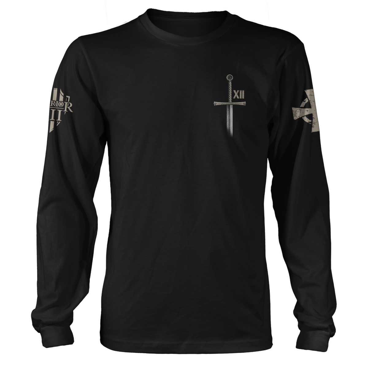 A black long sleeve shirt with a sword and roman numerals XII printed on the front.