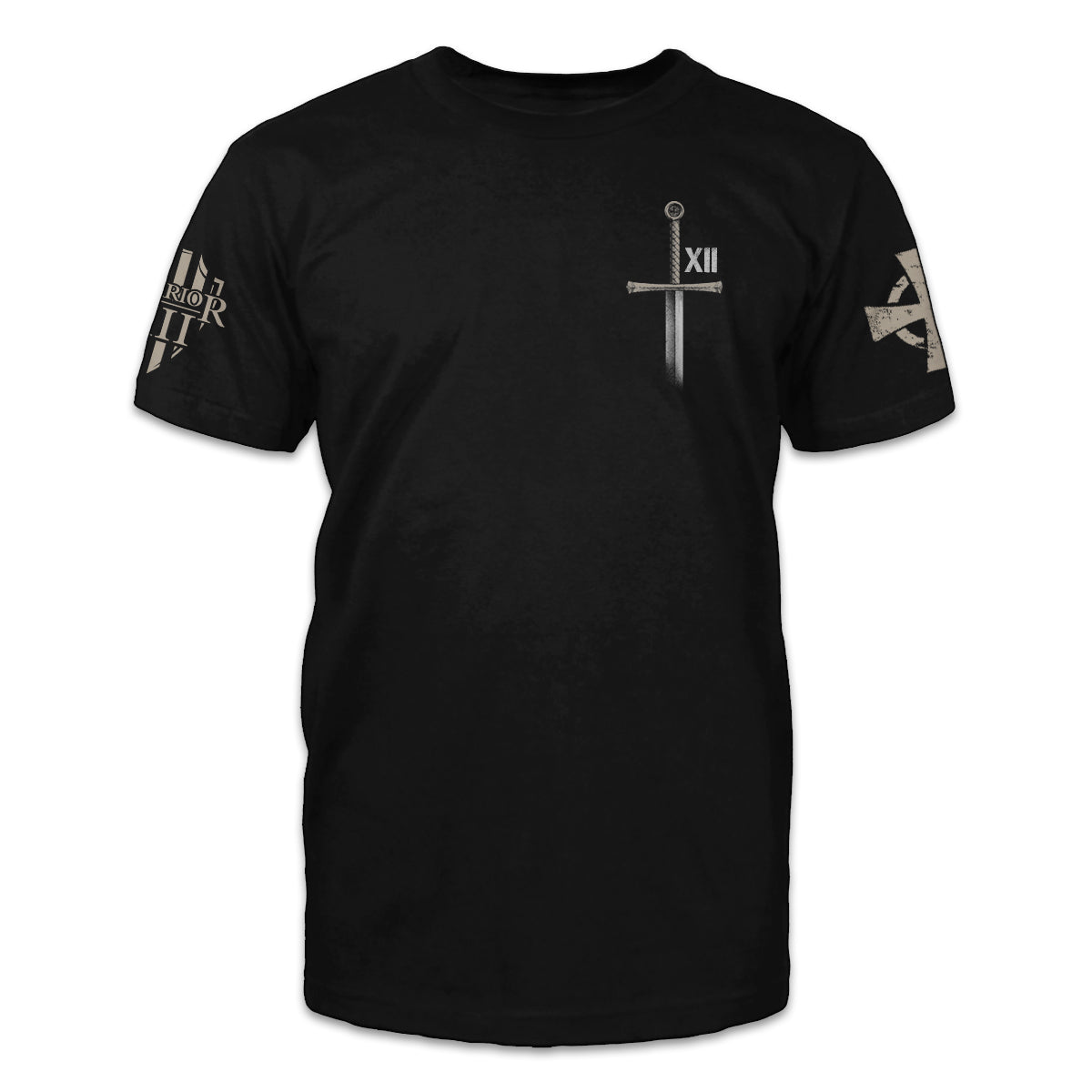 A black t-shirt with a sword and roman numerals XII printed on the front.
