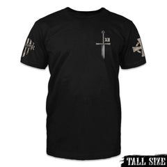 A black tall size shirt with a sword and roman numerals XII printed on the front.