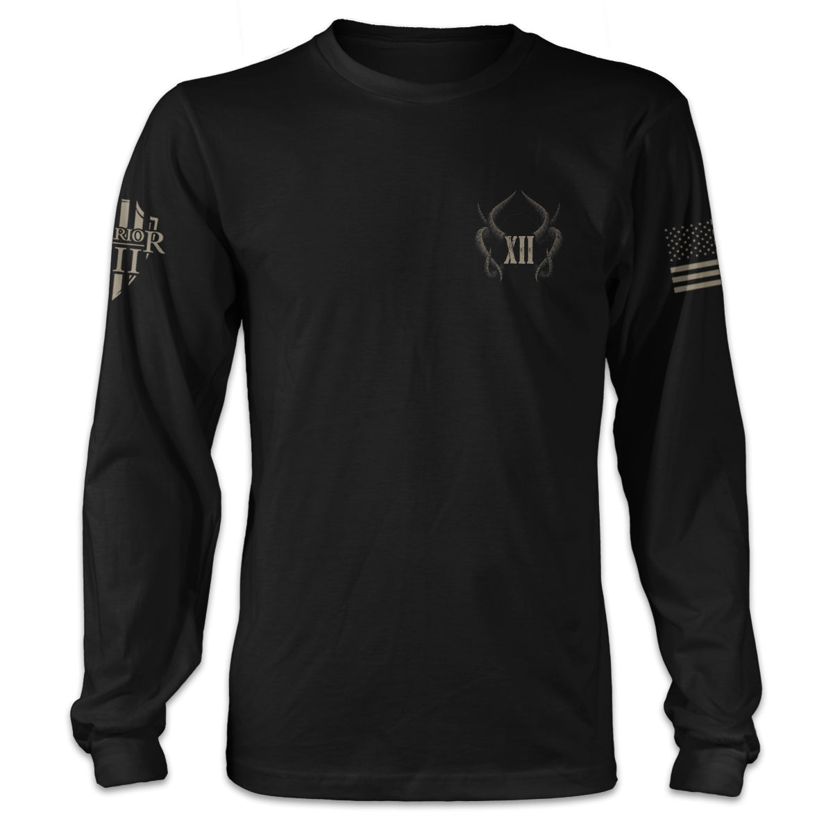 A black long sleeve shirt with roman numerals XII and horns coming out of it printed on the front.