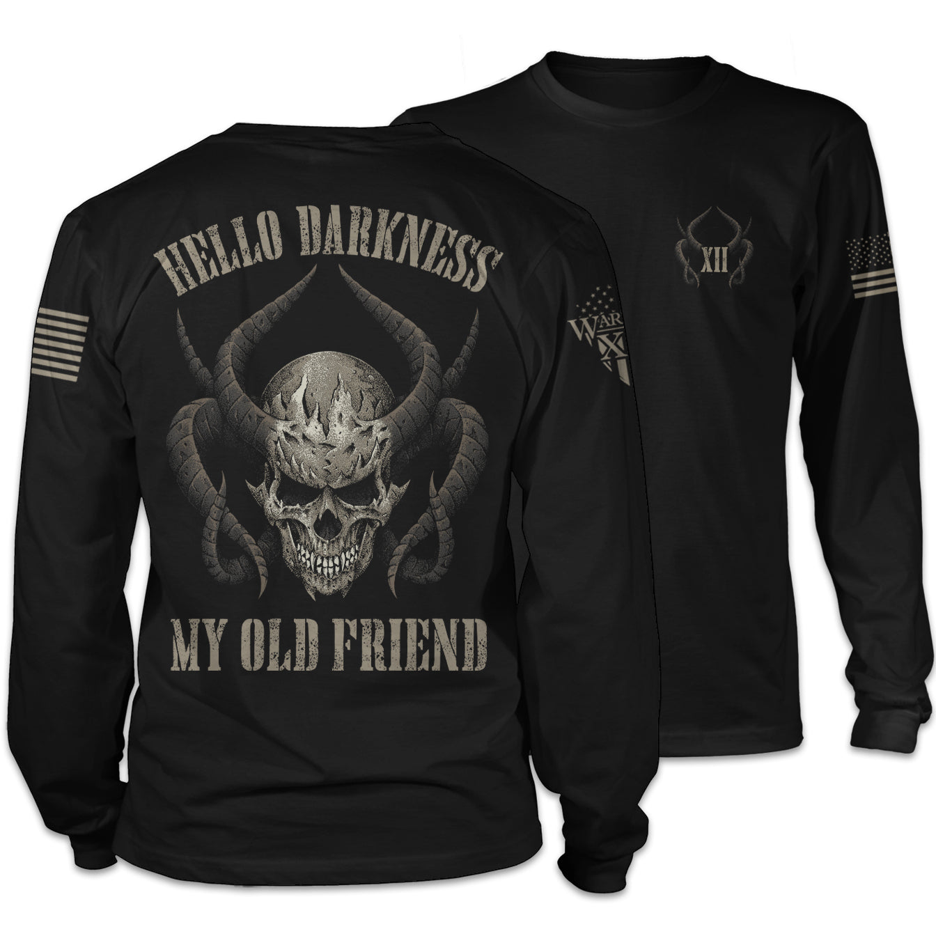 Front & back black long sleeve shirt with the words "Hello darkness my old friend" with a skull and horns printed on the shirt.