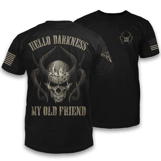 Front & back black t-shirt with the words "Hello darkness my old friend" with a skull and horns printed on the shirt.