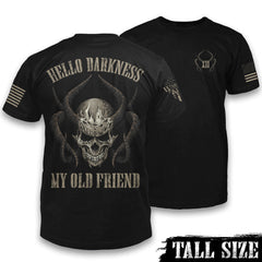 Front & back black tall size shirt with the words "Hello darkness my old friend" with a skull and horns printed on the shirt.