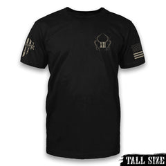 A black tall size shirt with roman numerals XII and horns coming out of it printed on the front.
