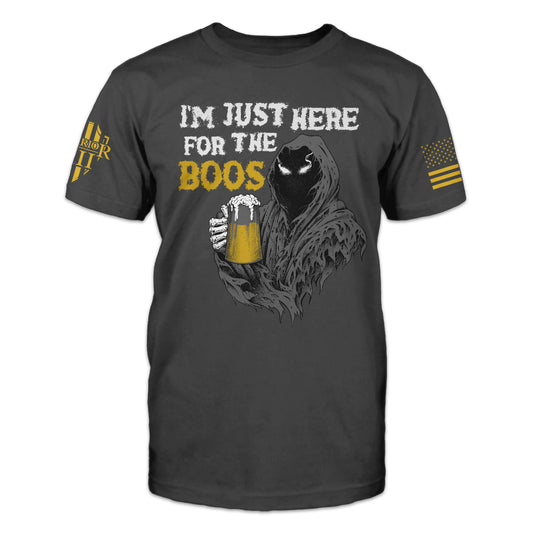 A grey t-shirt with the words "I'm just here for the boos" and a reaper holding a beer printed on the front.