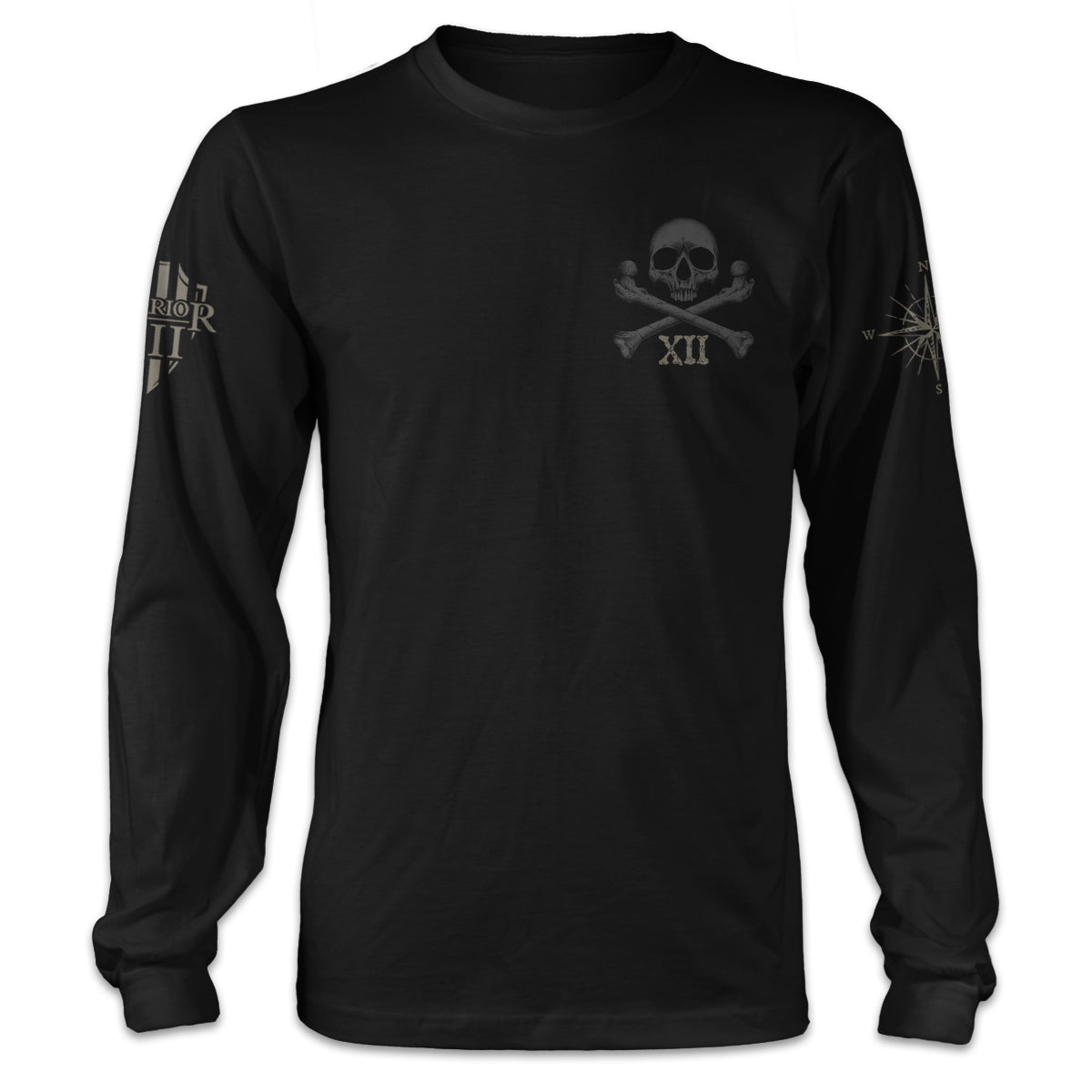 A black long sleeve shirt with skull and crossbones with roman numerals XII printed on the front.