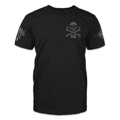 A black t-shirt with skull and crossbones with roman numerals XII printed on the front.