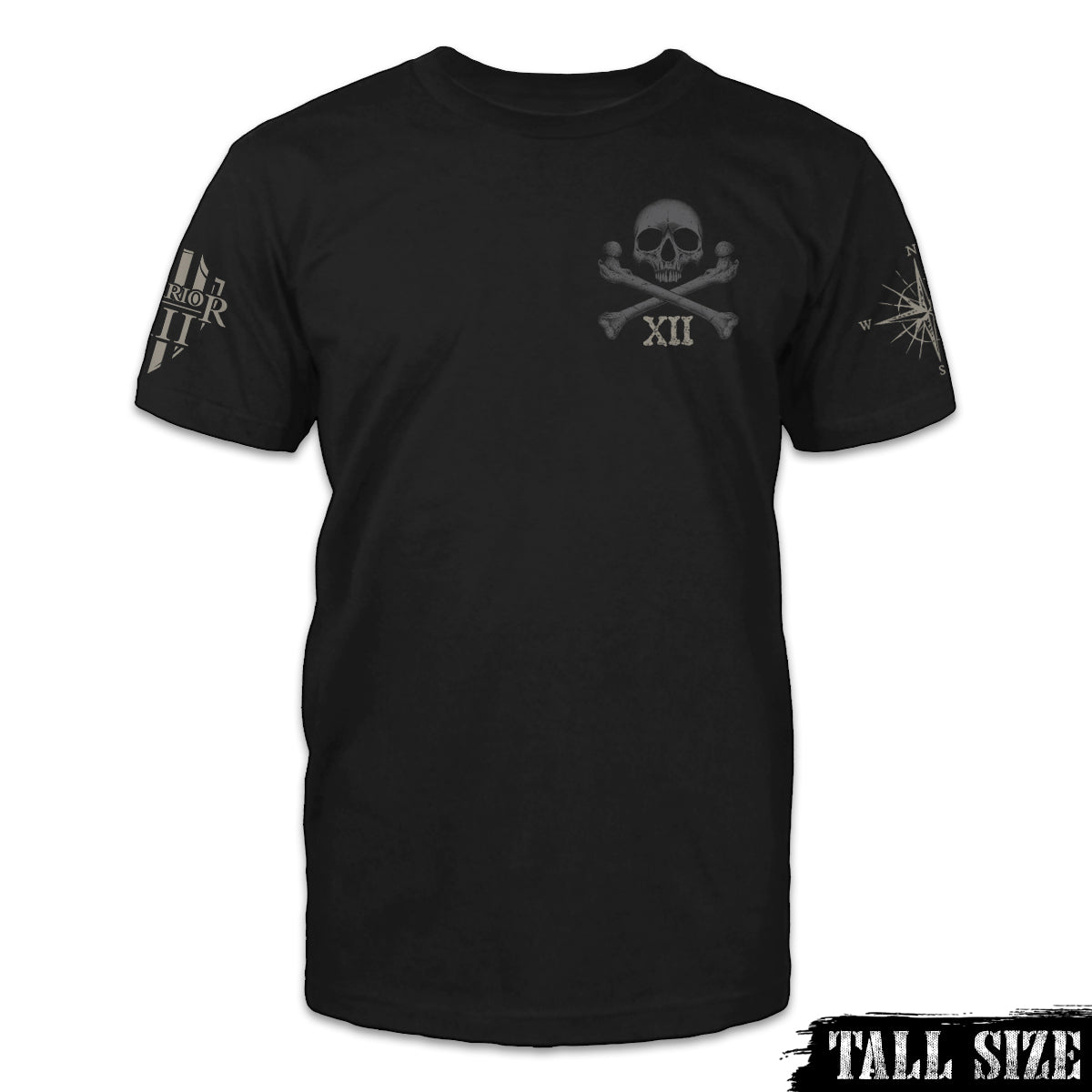 A black tall size shirt with skull and crossbones with roman numerals XII printed on the front.