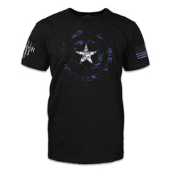 A black t-shirt with a blue shield and a star printed on the front.