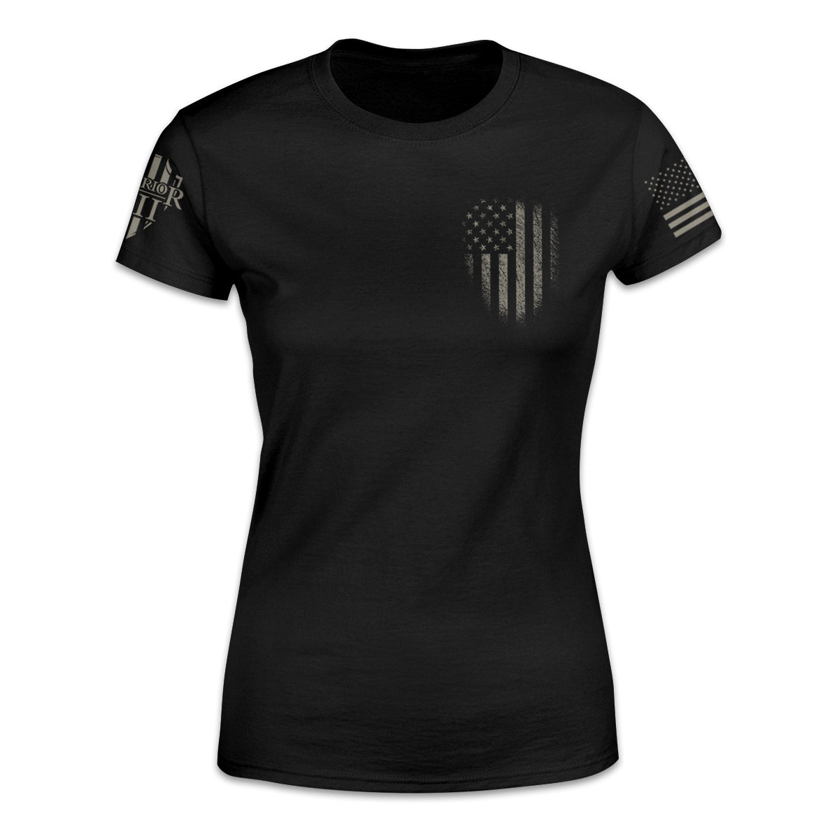 A black women's relaxed fit shirt with a darkened USA flag emblem printed on the front.