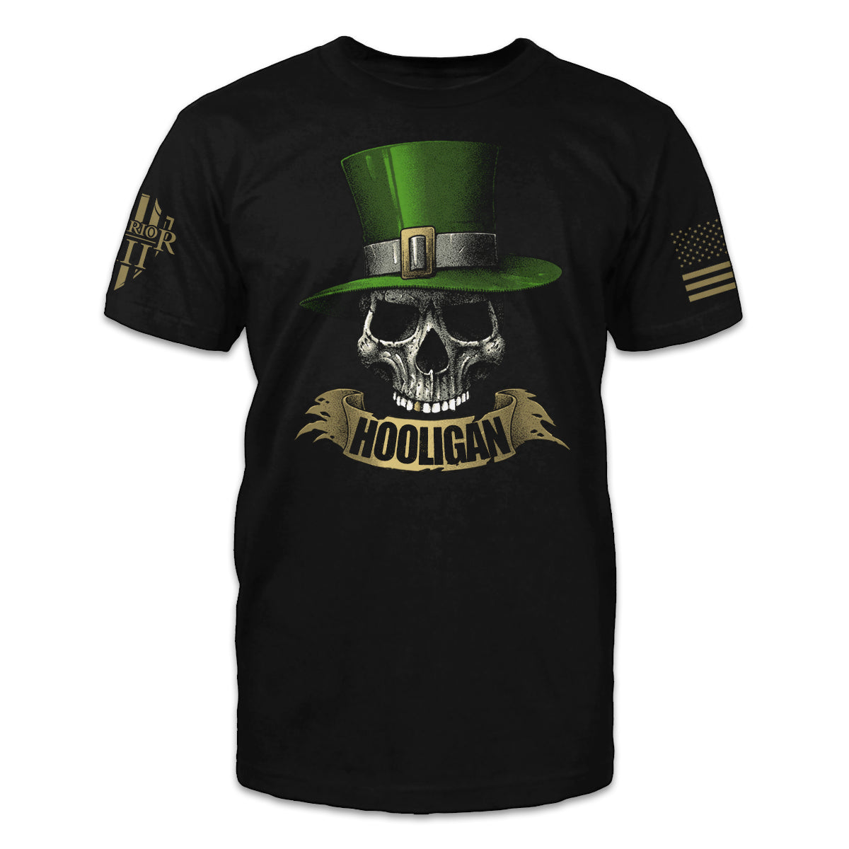 A black t-shirt with the word "Hooligan" on scrollwork under a skull wearing a leprechaun hat.