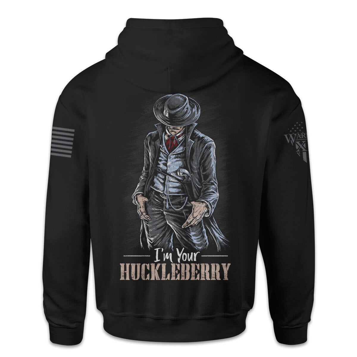A black hoodie with the words "I'm your Huckleberry" with a cowboy printed on the back of the shirt.