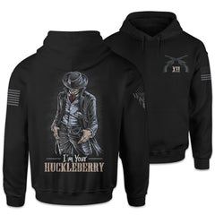 Front & back black hoodie with the words "I'm your Huckleberry" with a cowboy printed on the shirt.