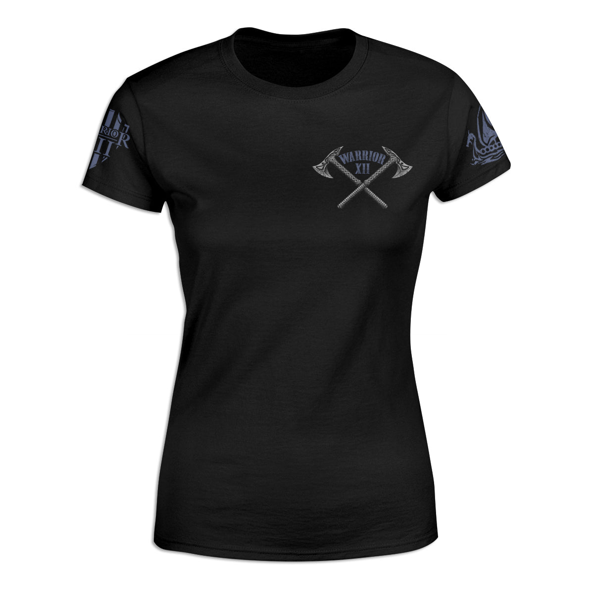 A black women's relaxed fit shirt with two axes crossed over with the words "Warrior XII" printed on the front.