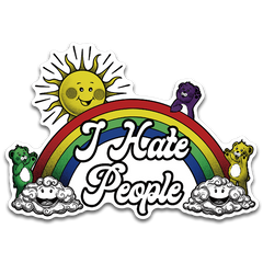 A decal with the words "I Hate People" with bears, rainbow and clouds.