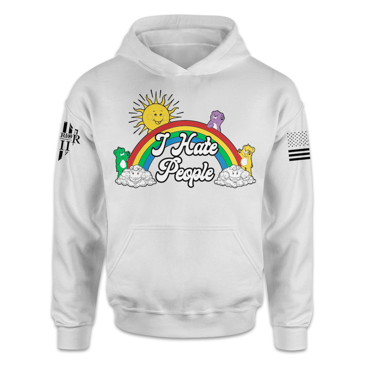 A white hoodie with the words "I Hate People" with bears, rainbow and clouds printed on the front of the shirt.