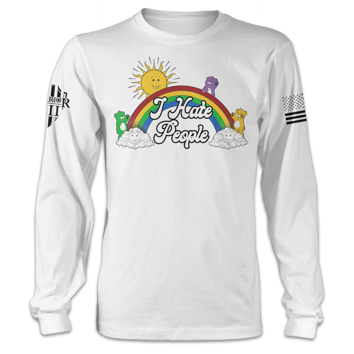 A white long sleeve with the words "I Hate People" with bears, rainbow and clouds printed on the front of the shirt.