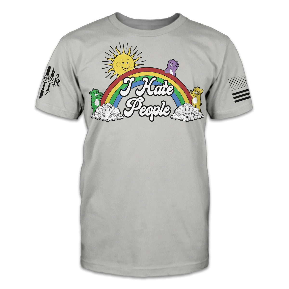 A grey t-shirt with the words "I Hate People" with bears, rainbow and clouds printed on the front of the shirt.