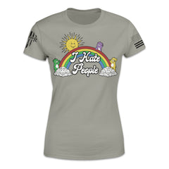 A grey women's relaxed fit shirt with the words "I Hate People" with bears, rainbow and clouds printed on the front of the shirt.