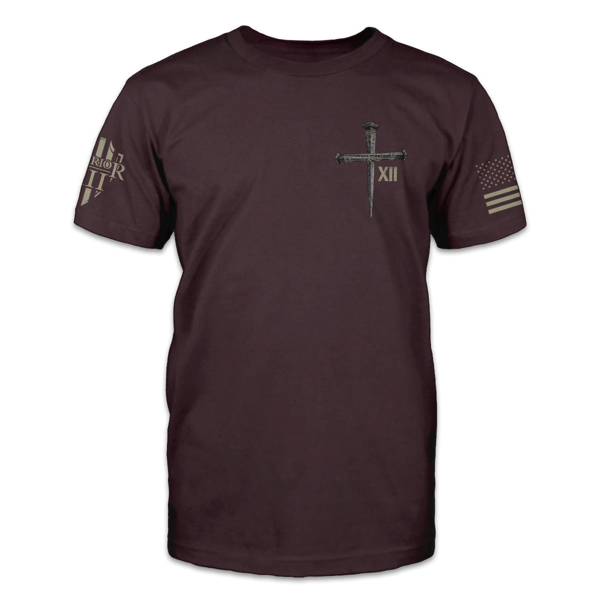 A burgundy t-shirt with a cross printed on the front.