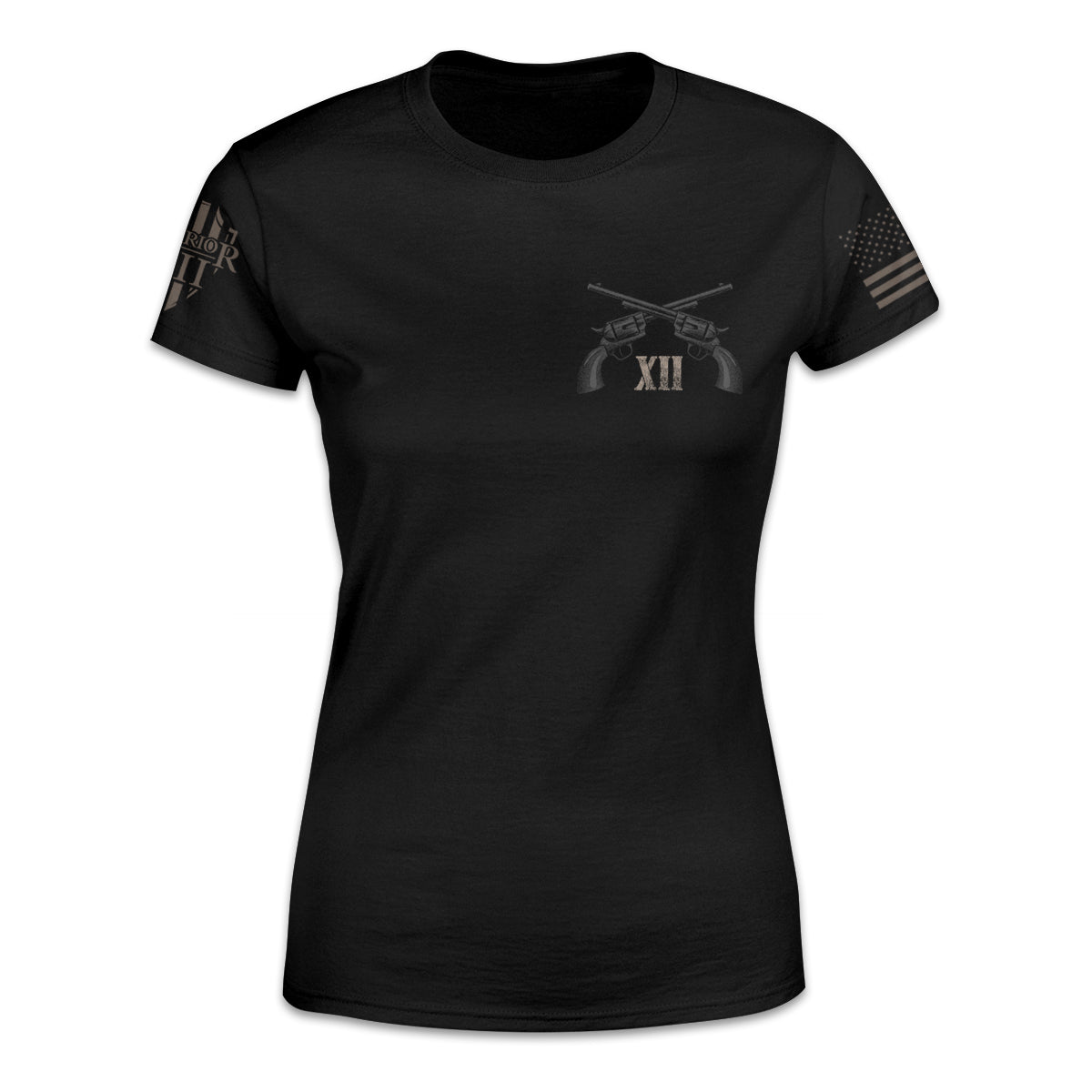 A black women's relaxed fit shirt with two pistols crossed over with the Roman numerals XII printed on the front of the shirt.