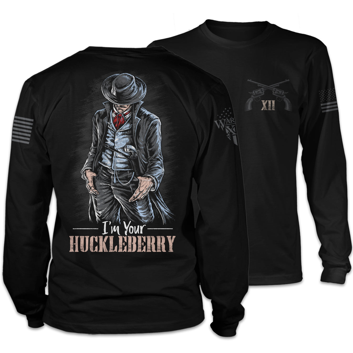 Front & back black long sleeve shirt with the words "I'm your Huckleberry" with a cowboy printed on the shirt.