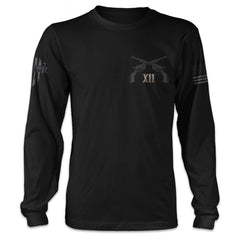 A black Long sleeveshirt with two pistols crossed over with the Roman numerals XII printed on the front of the shirt.