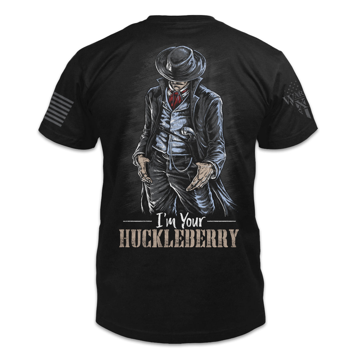 A black t-shirt with the words "I'm your Huckleberry" with a cowboy printed on the back of the shirt.