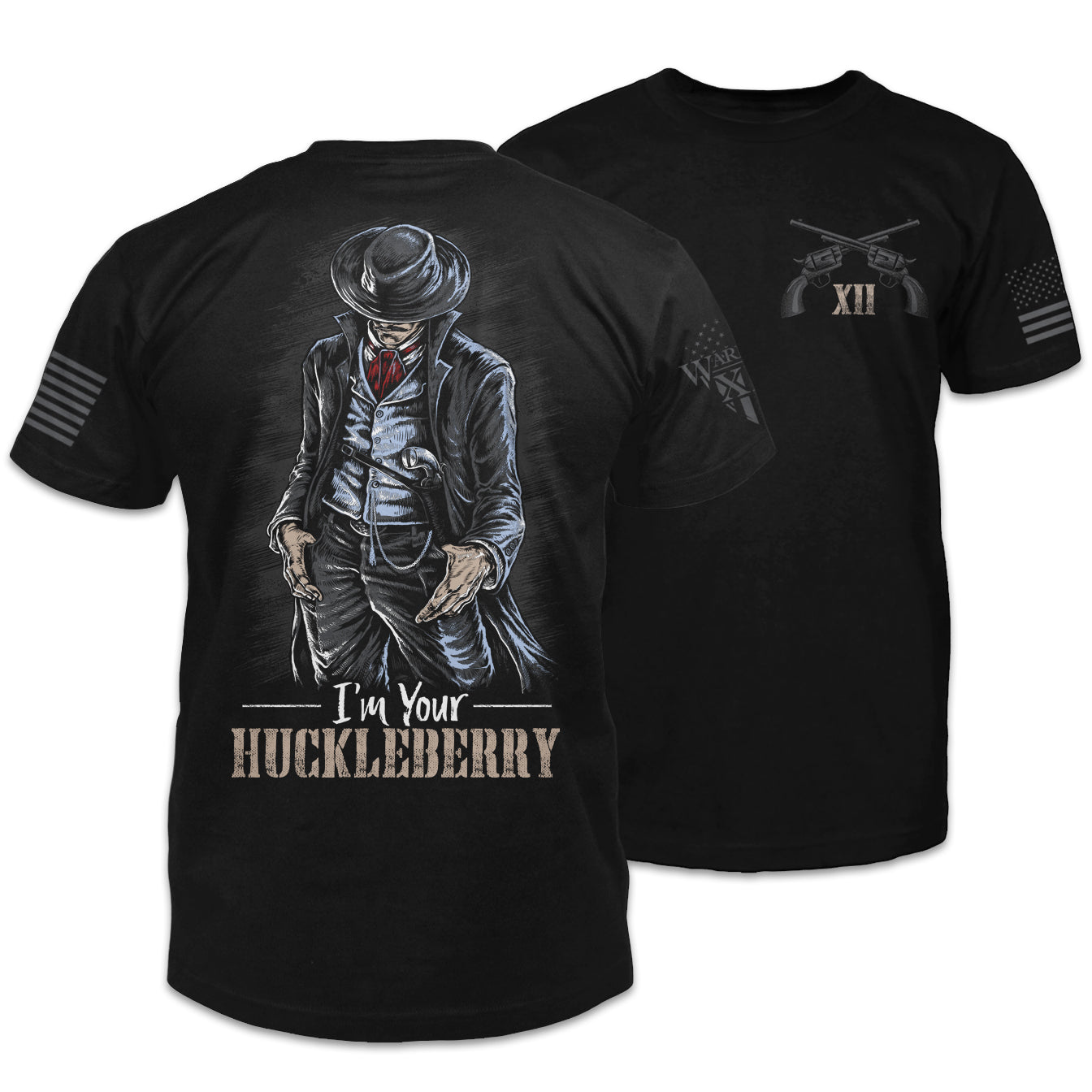 Front & back black t-shirt with the words "I'm your Huckleberry" with a cowboy printed on the shirt.
