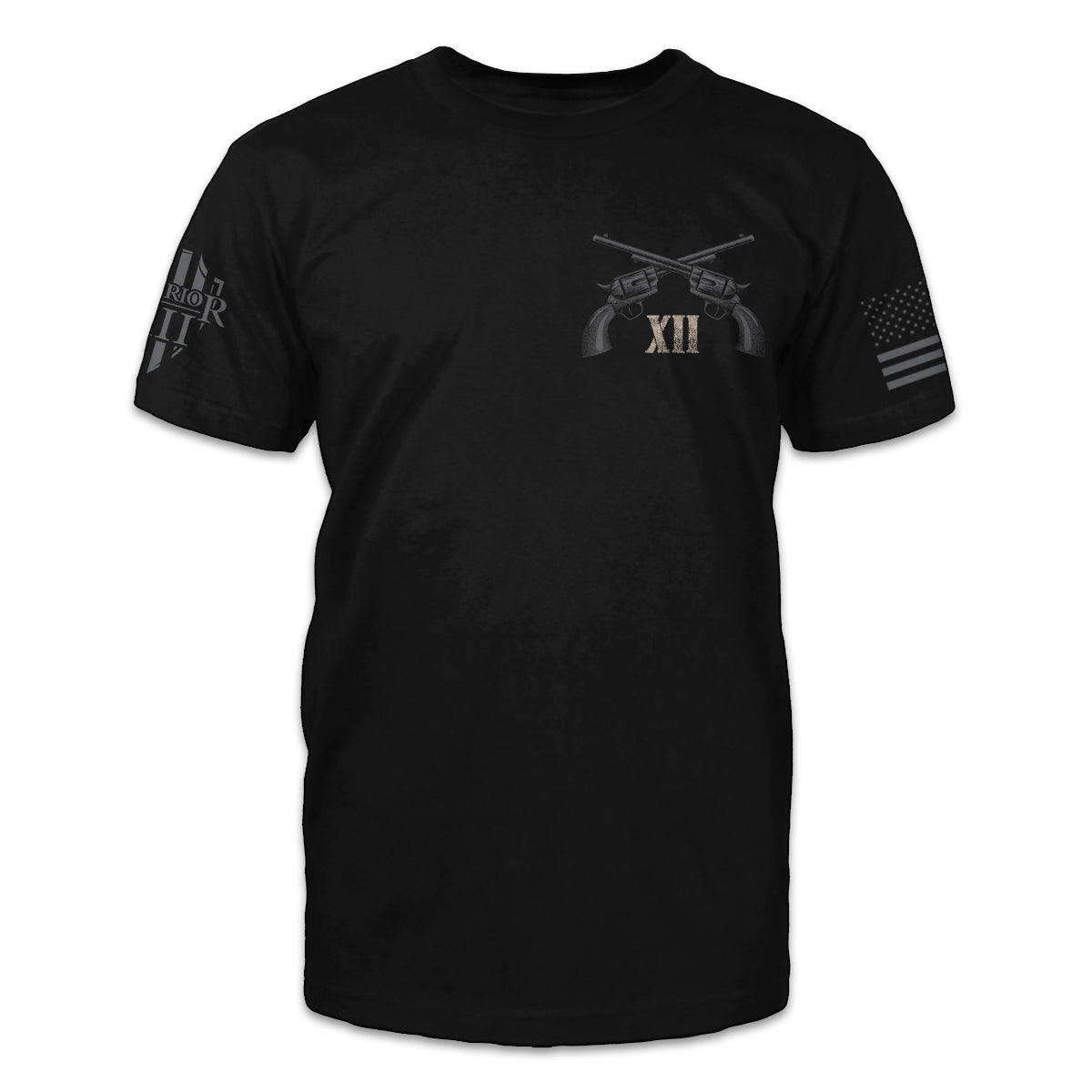 A black t-shirt with two pistols crossed over with the Roman numerals XII printed on the front of the shirt.
