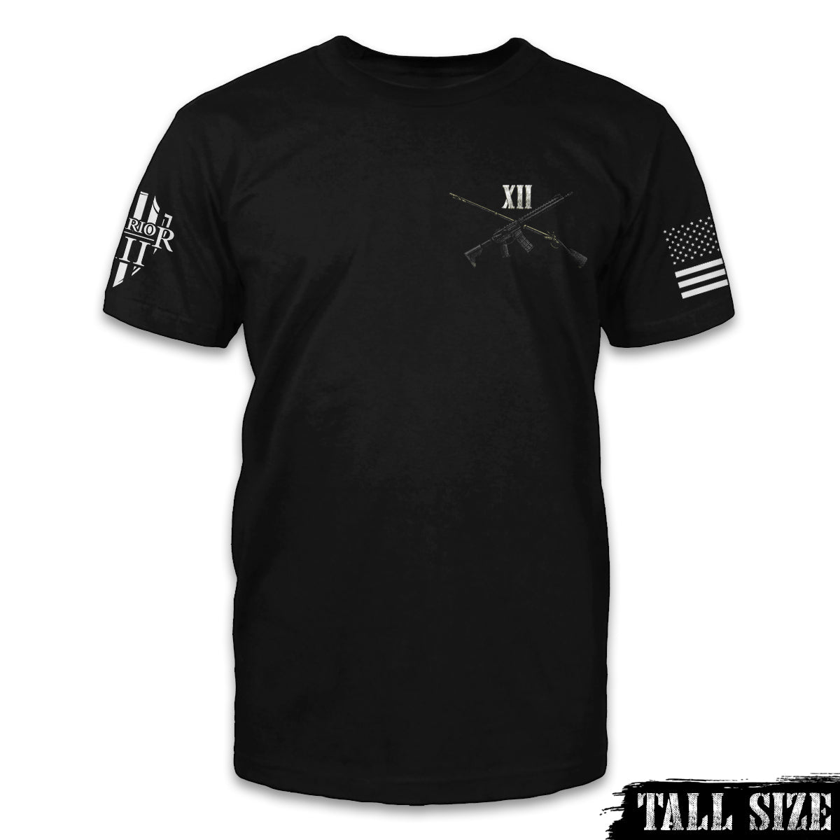 A black tall size shirt with two guns crossed over with the roman numerals XII printed on the front.