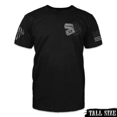 A black tall size shirt with two tags saying Warrior XII printed on the front.