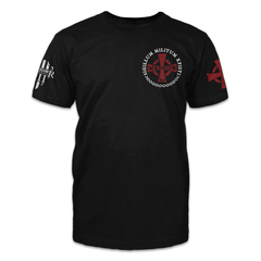 A black t-shirt with the knights templar cross printed on the front.