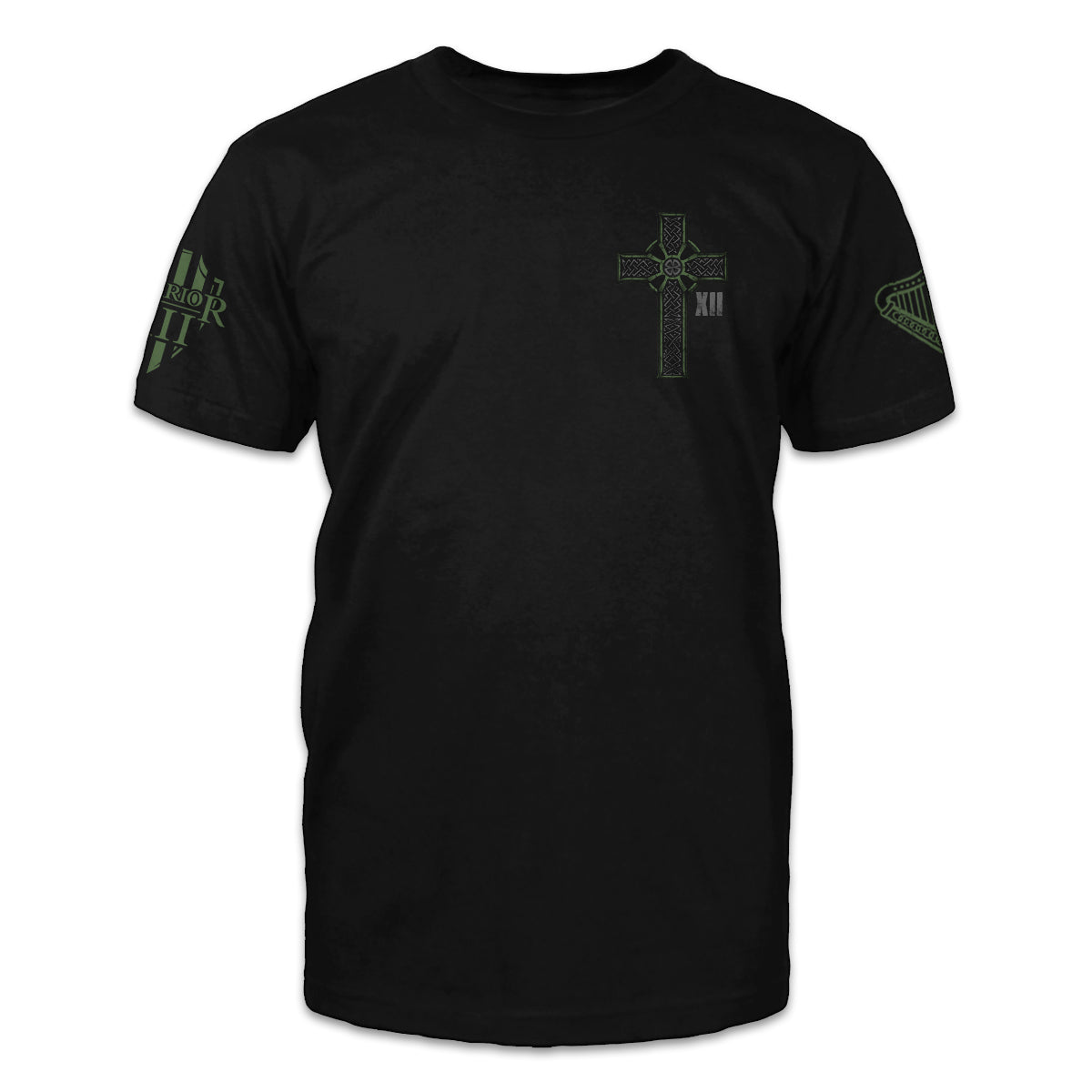 A black t-shirt with an Irish cross printed on the front of the shirt,