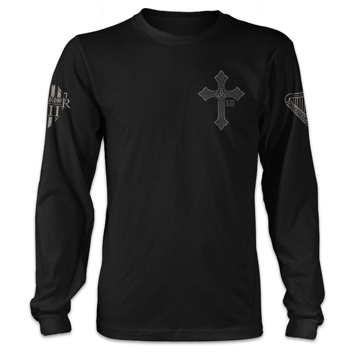 A black long sleeve shirt with an Irish cross printed on the front of the shirt.