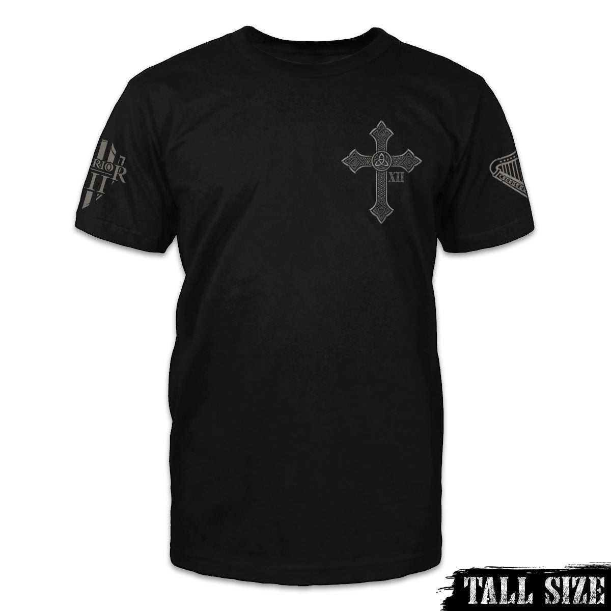 A black tall size shirt with an Irish cross printed on the front of the shirt.