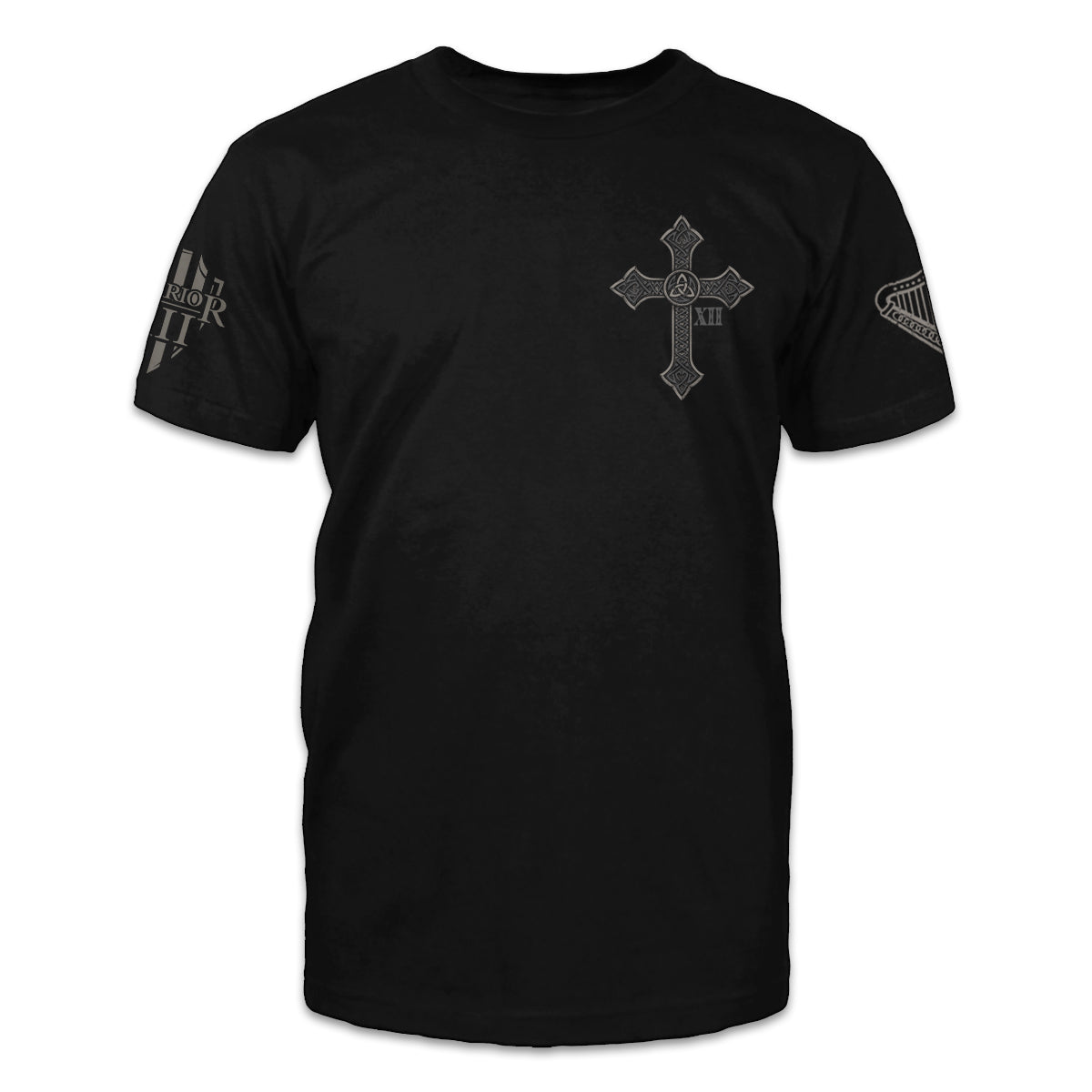 A black t-shirt with an Irish cross printed on the front of the shirt.