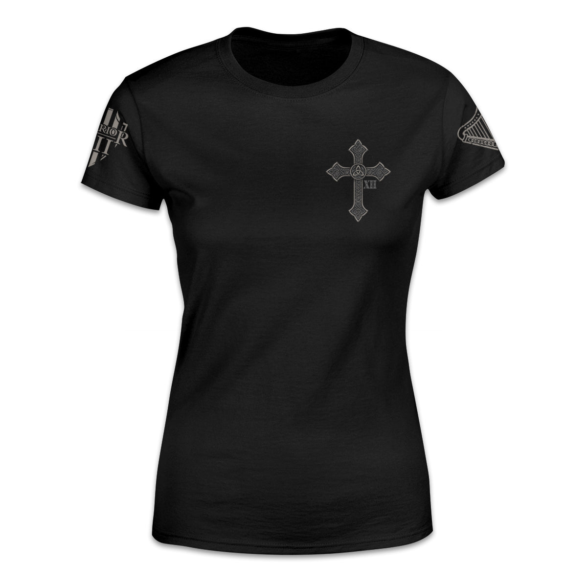 A black women's relaxed fit shirt with an Irish cross printed on the front of the shirt.