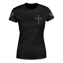A black women's relaxed fit'shirt with an Irish cross printed on the front of the shirt.