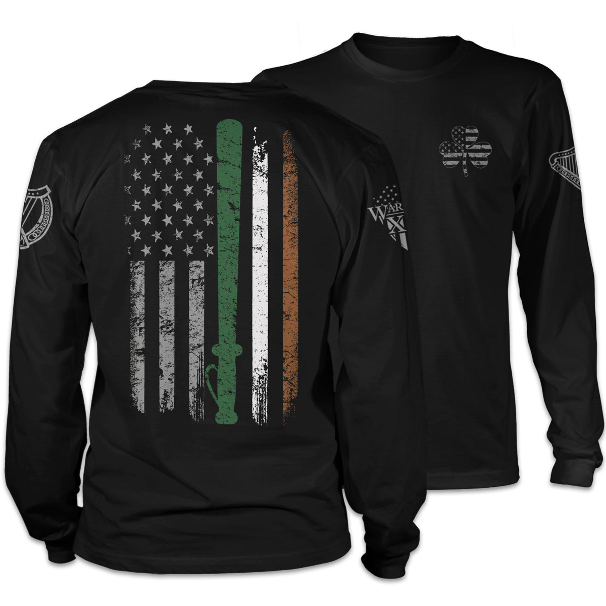 Front and back black long sleeve shirt which features St. Patrick's Irish Police Flag printed on the shirt.