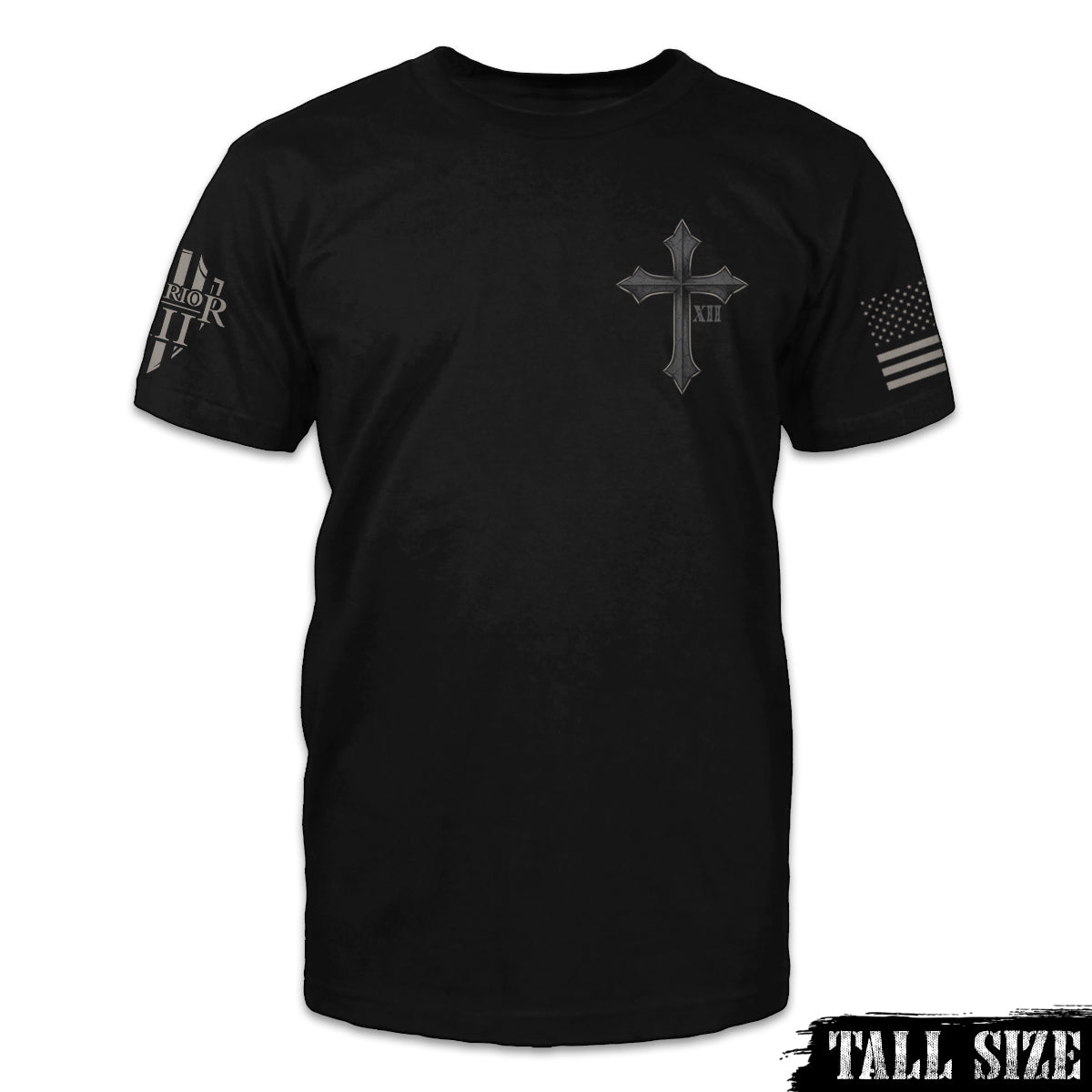 A black tall size shirt with a cross with XII printed on the front.