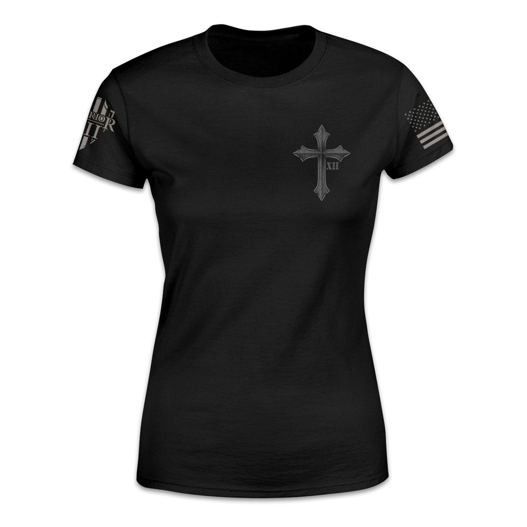 A black women's relaxed fit'shirt with a cross with XII printed on the front.