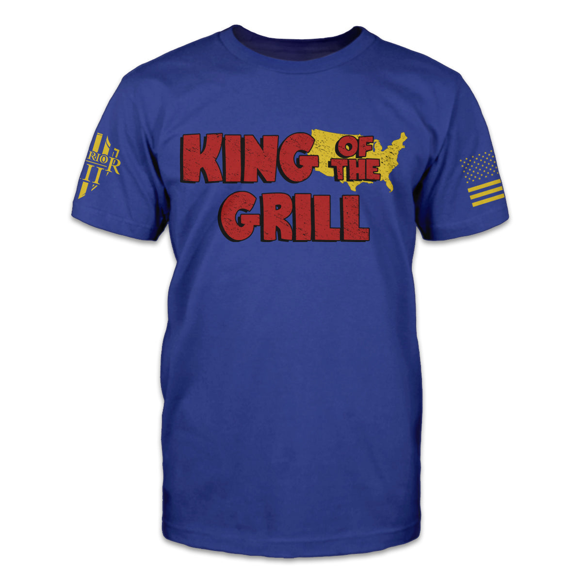 A blue t-shirt with the words "king of the grill" printed on the front.