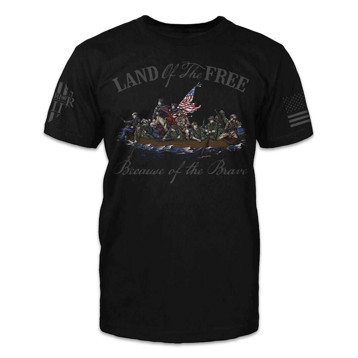 A black t-shirt with the words "land of the free" with figures that represent the Revolutionary War, Spanish-American War, World War I, World War II, the Korean War, the Vietnam War, the Gulf War, and the War in Afghanistan printed on the front of the shirt.