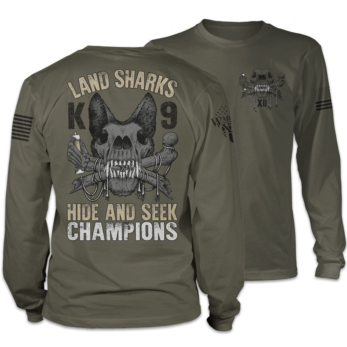 Front & back olive green long sleeve shirt with the words "land shark" and a the skeleton of k9 police dog printed on the shirt.