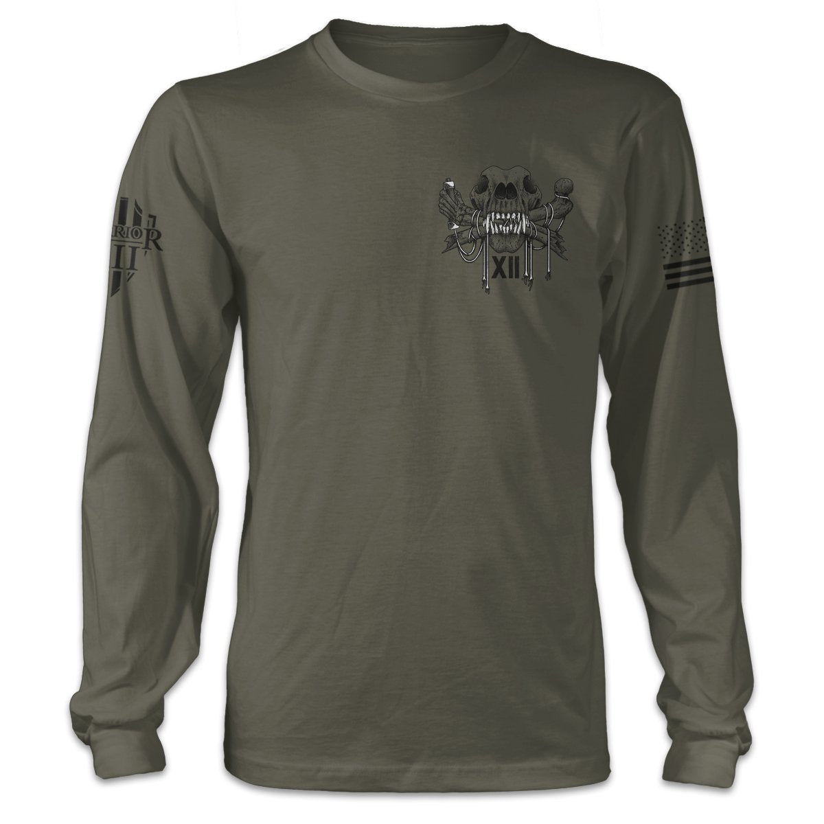 An olive green long sleeve shirt with a k9 skull printed on the front.